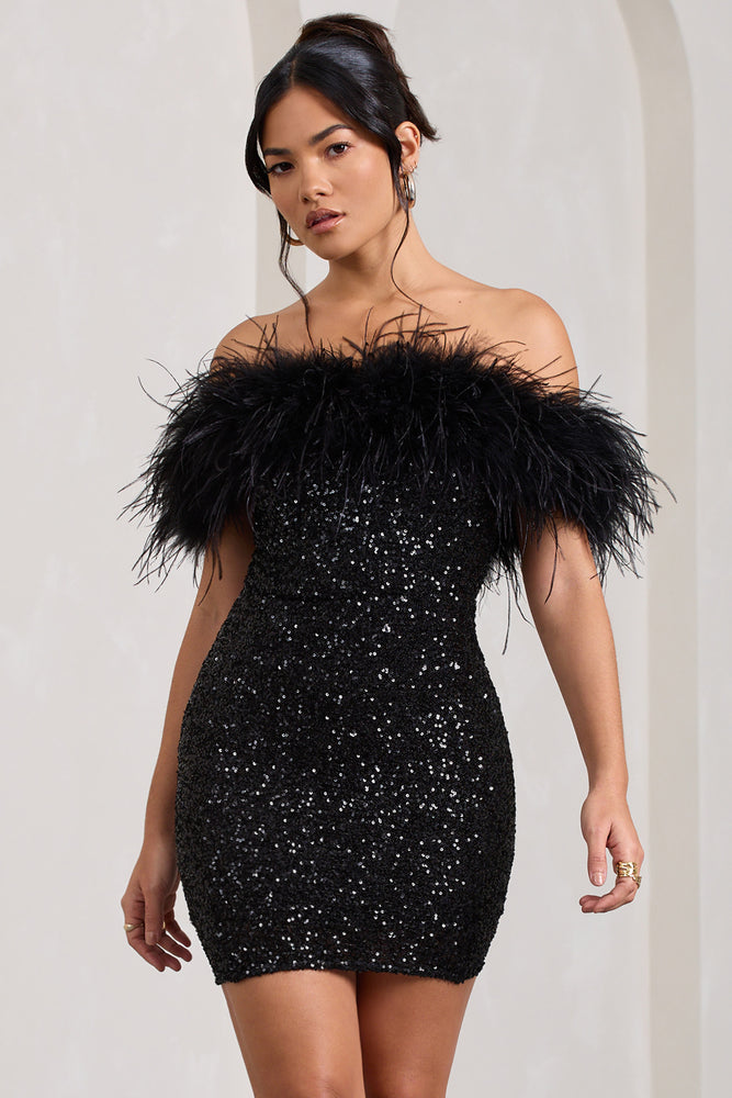 Club L London Flashy | Petite Black Sequin Mini Dress with Feather Bardot US 8 / Black