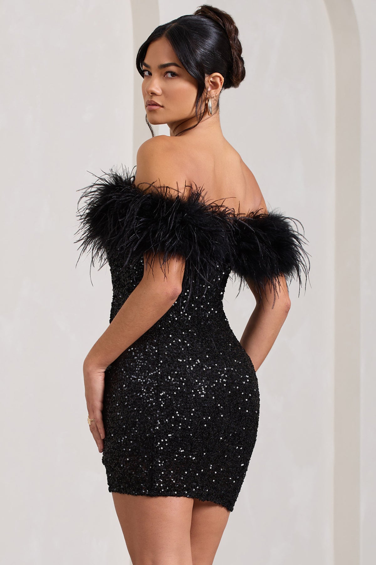 New Money Black Bodycon Sequin Mini Dress With Feather Trim – Club