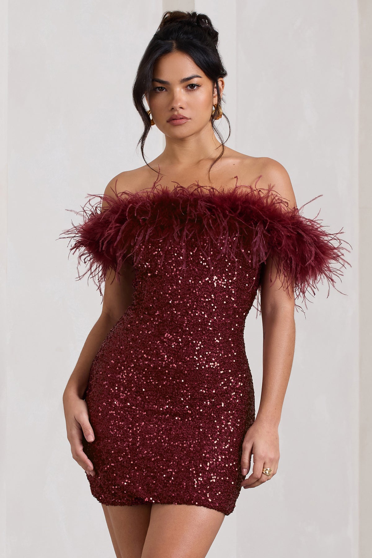 New Money | Burgundy Bodycon Sequin Mini Dress with Feather Trim, US 4 / Burgundy