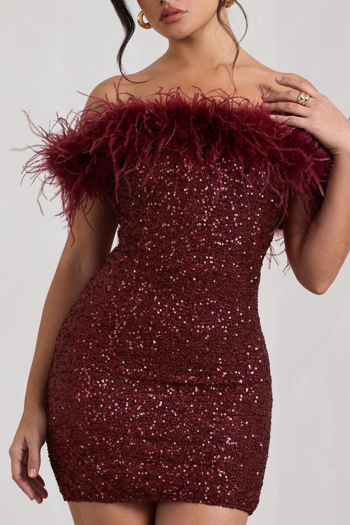 New Money | Burgundy Bodycon Sequin Mini Dress with Feather Trim, US 4 / Burgundy