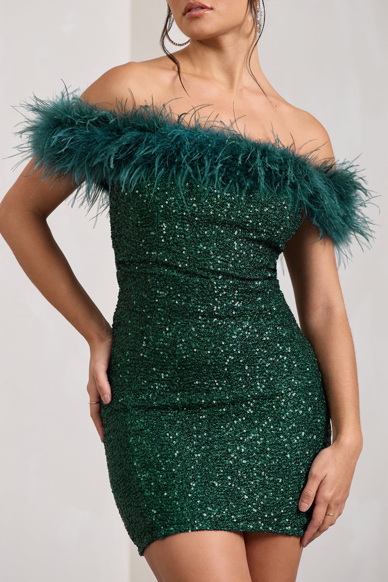 New Money Green Bodycon Sequin Mini Dress With Feather Trim – Club L ...