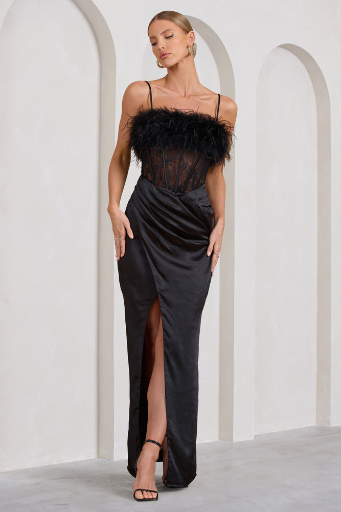 Countess White Lace Corset Maxi Dress With Feather Trim – Club L