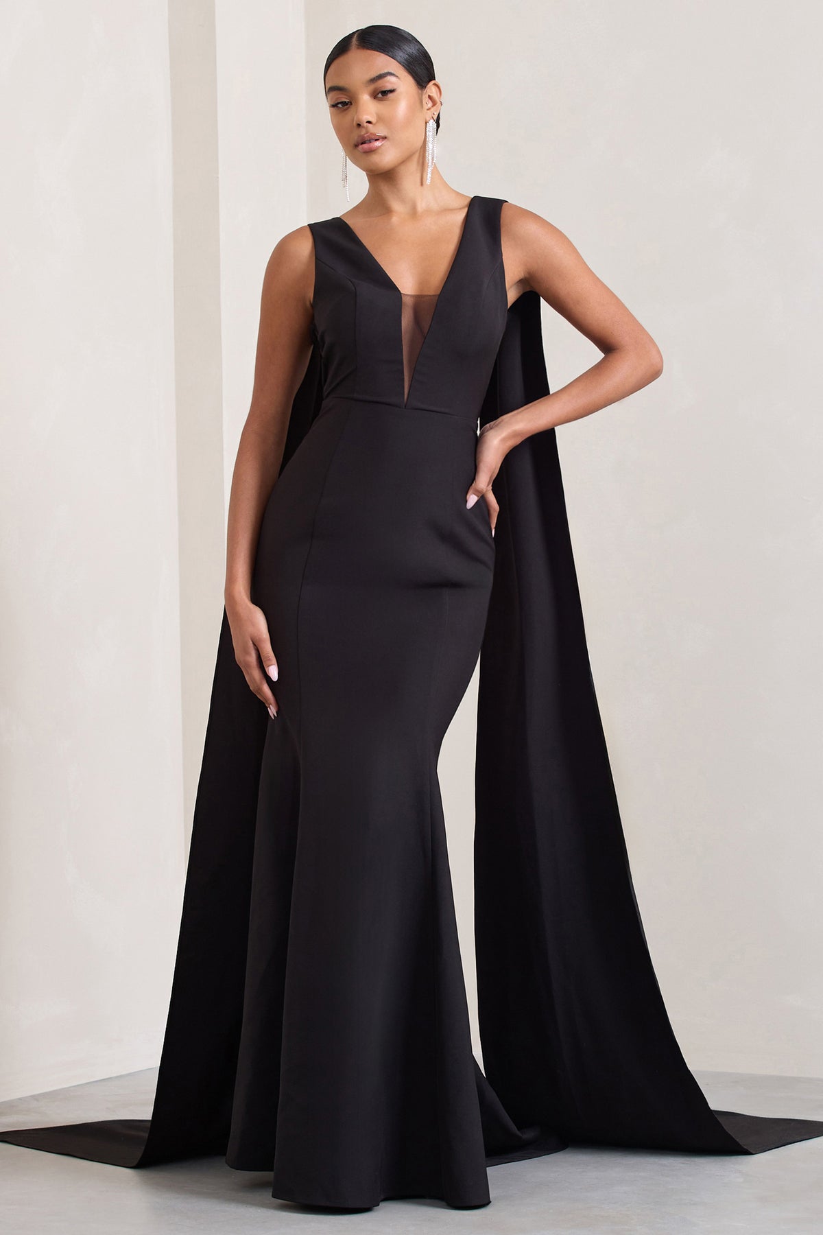 Rosaline Black Plunging Fishtail Maxi Dress With Cape – Club L London - UK