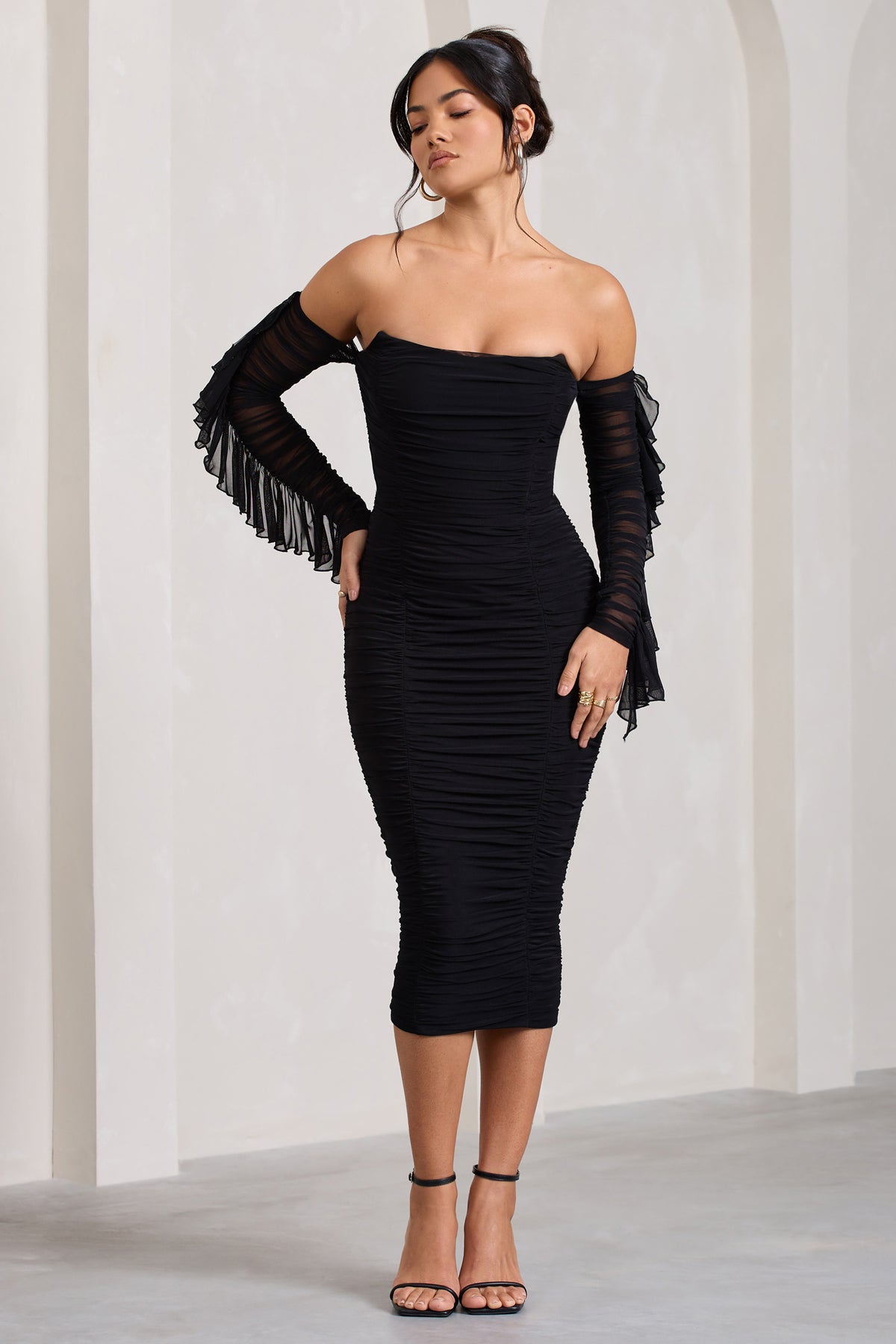 Ruched Bardot Midi Dress Black Mesh Bardot Dress Club L Favor