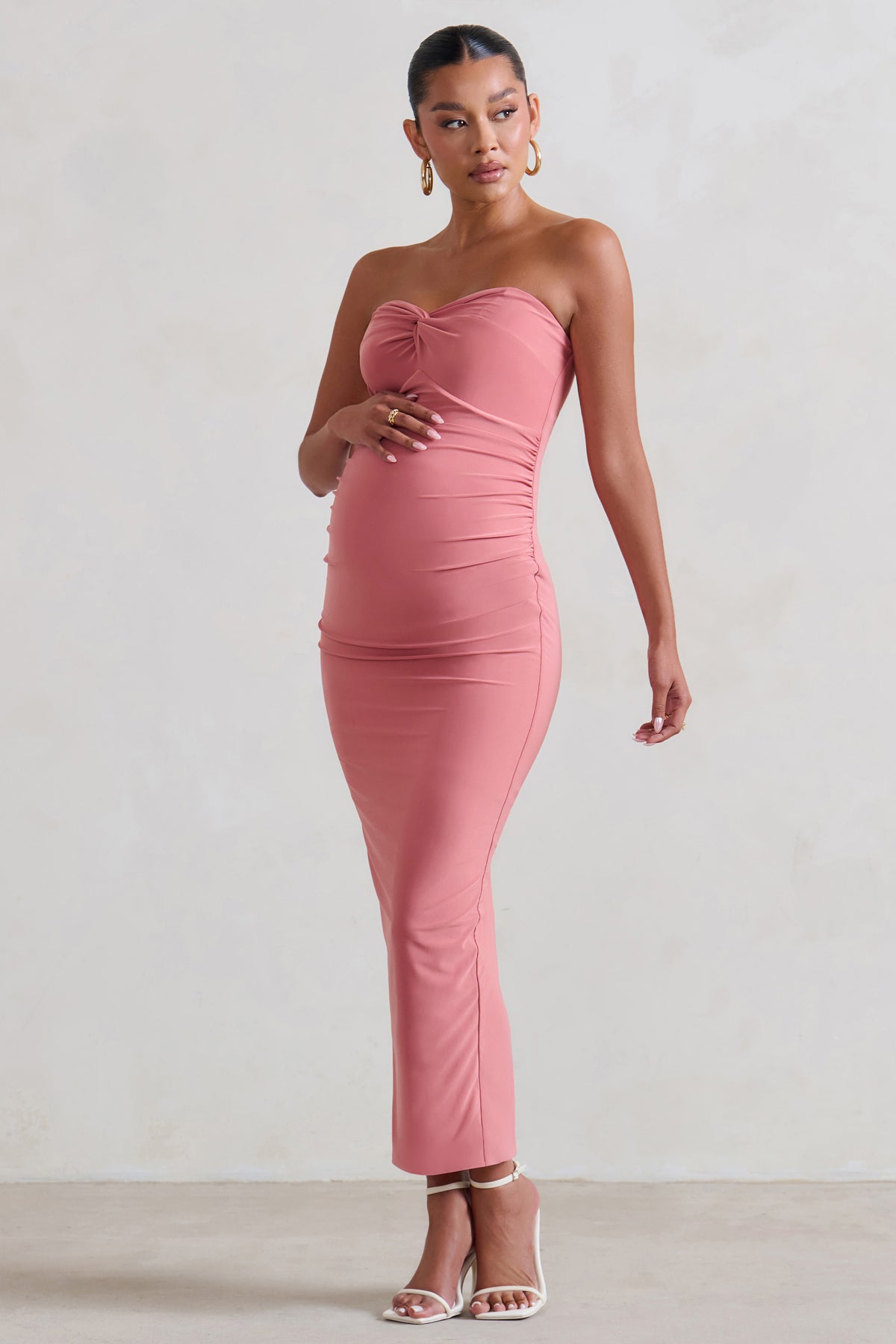 Evita Pink Maternity Sweetheart Twist Detail Midi Dress – Club L London ...