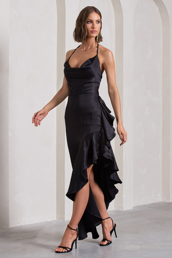 Lady Rosselini Black Strappy Asymmetric Ruffled Maxi Dress – Club