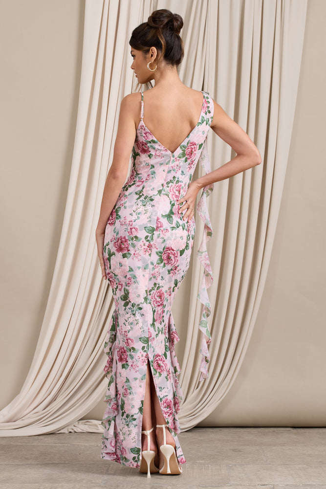 Leading Lady Pink Floral Print Chiffon Asymmetric Ruffle Maxi Dress – Club  L London - UK