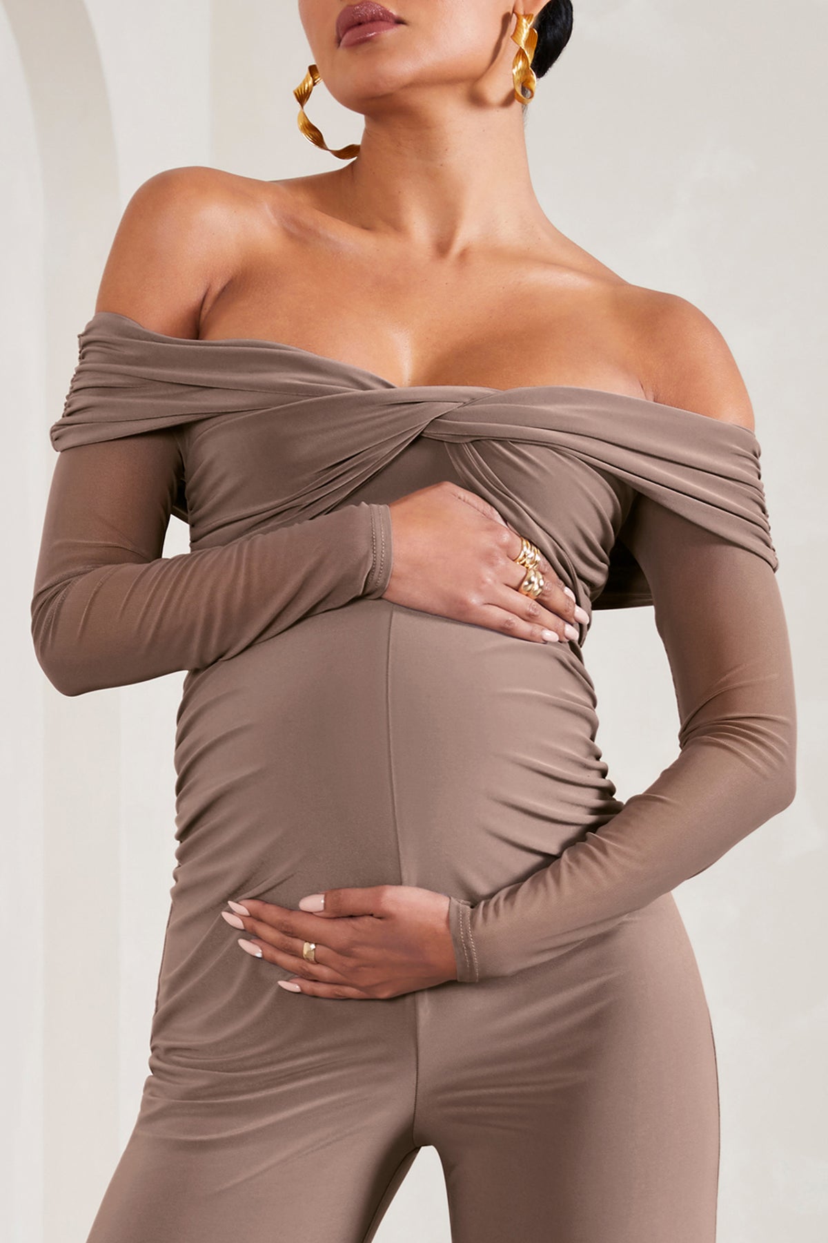 Ruched Maternity Jumpsuit in Mocha
