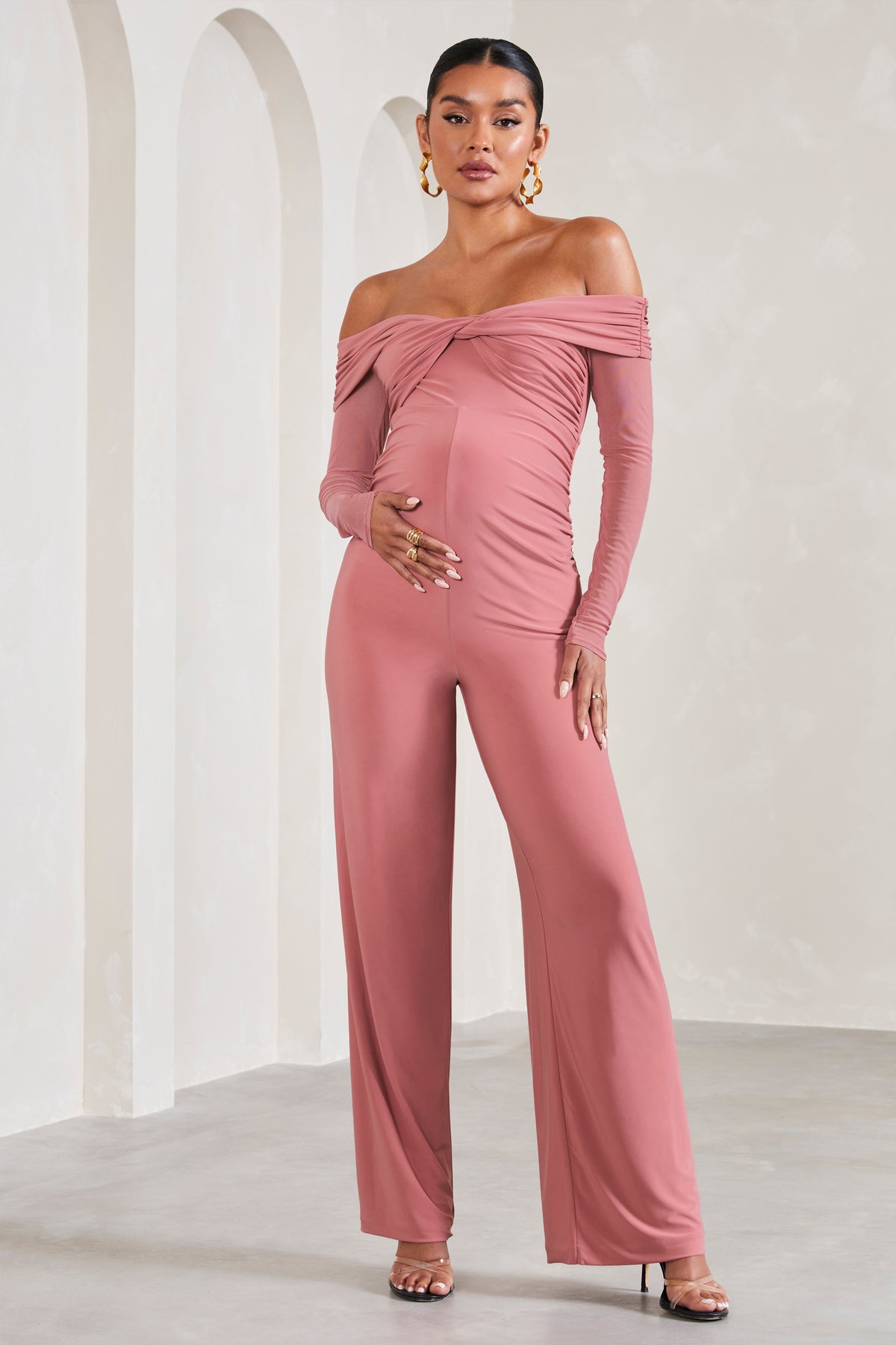 Count Down White Maternity Ruched Mesh Bardot Jumpsuit – Club L