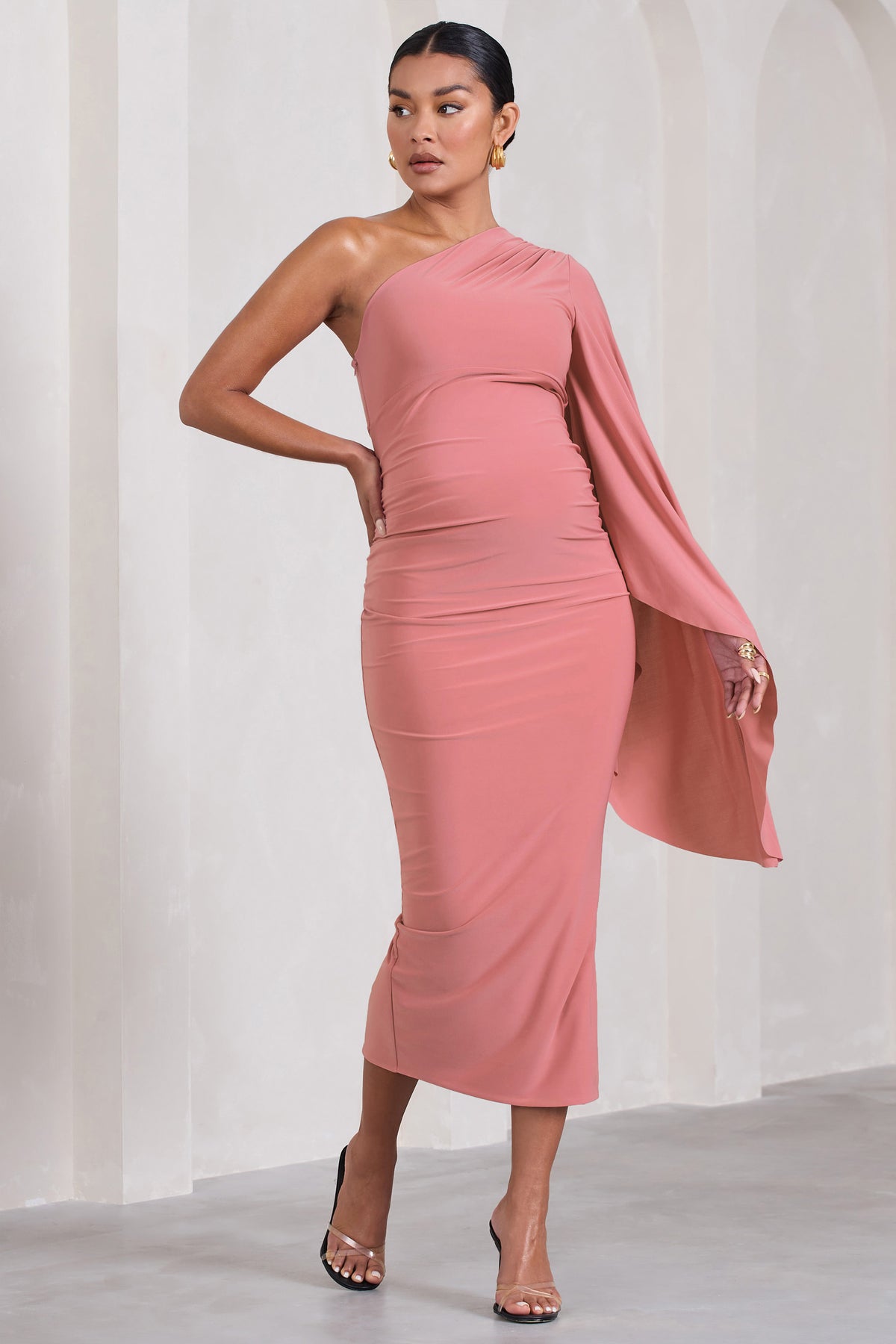 Blush Pink Midi Dress - Asymmetrical Dress - One-Shoulder Dress