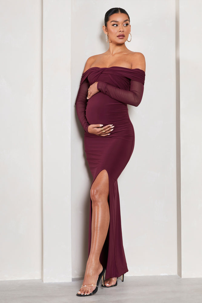 burgundy bardot maxi dress