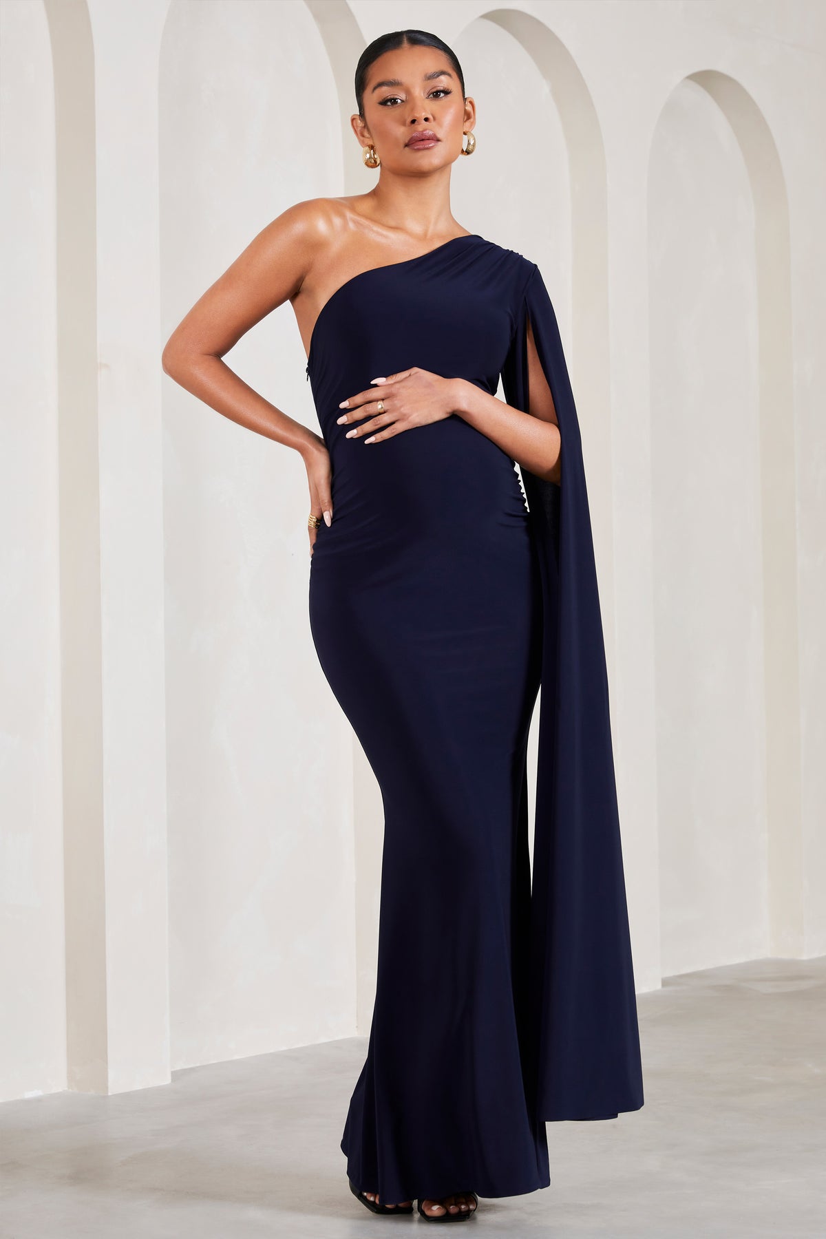 Amara Navy One-Shoulder Maternity Maxi Dress With Cape – Club L London - UK