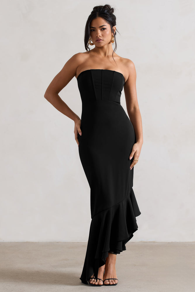 Sandy Black Strapless Corset Asymmetric Maxi Dress – Club L London - UK