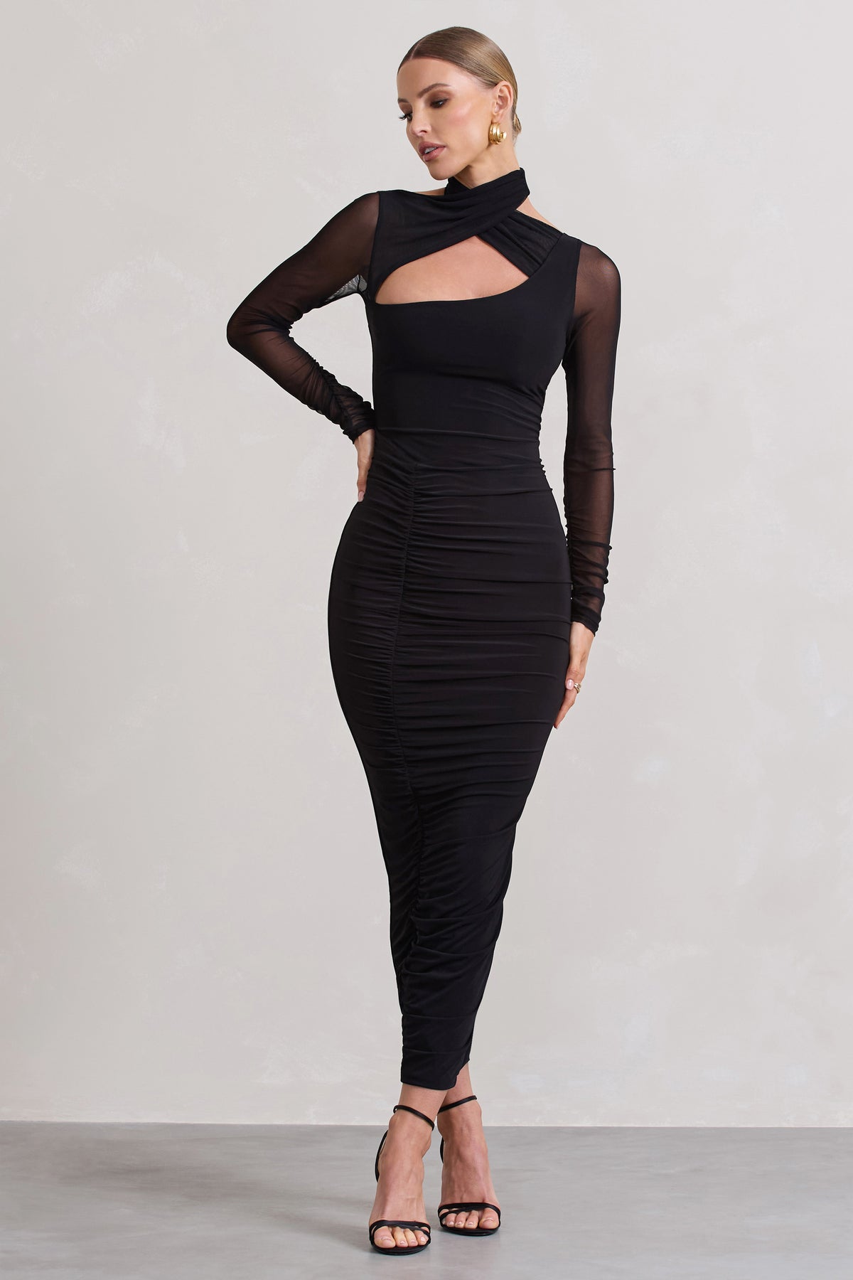 Under Wraps Black Ruched Cut Out Long-Sleeve Midi Dress – Club L