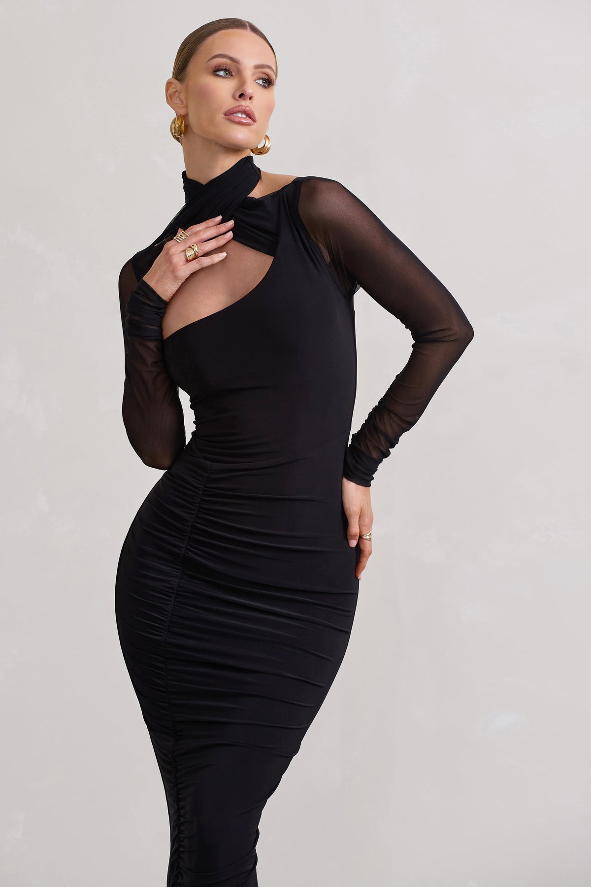 Under Wraps Black Ruched Cut Out Long-Sleeve Midi Dress – Club L