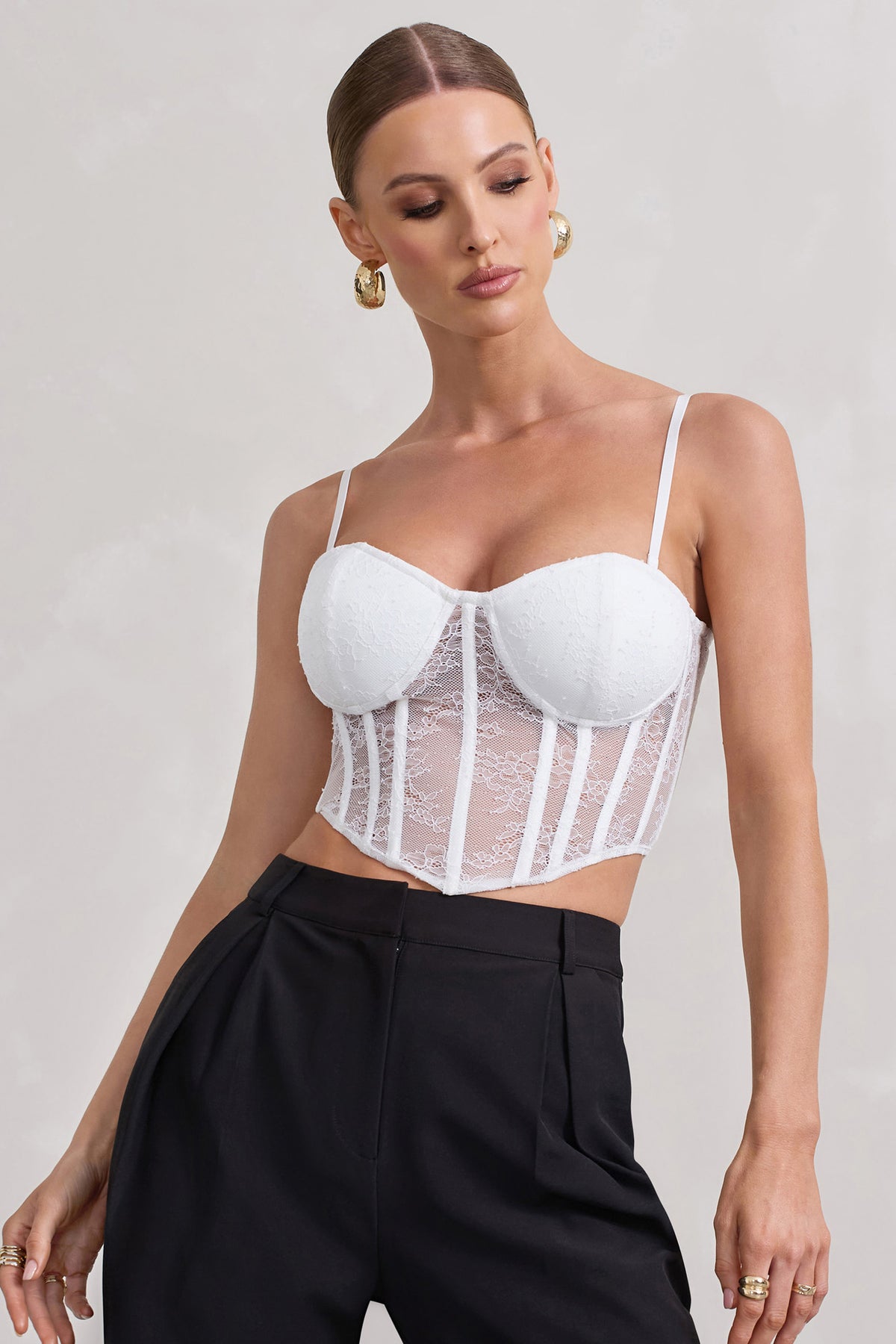All My Heart Plunge Neck Lace Trim Corset Crop Top in Cream