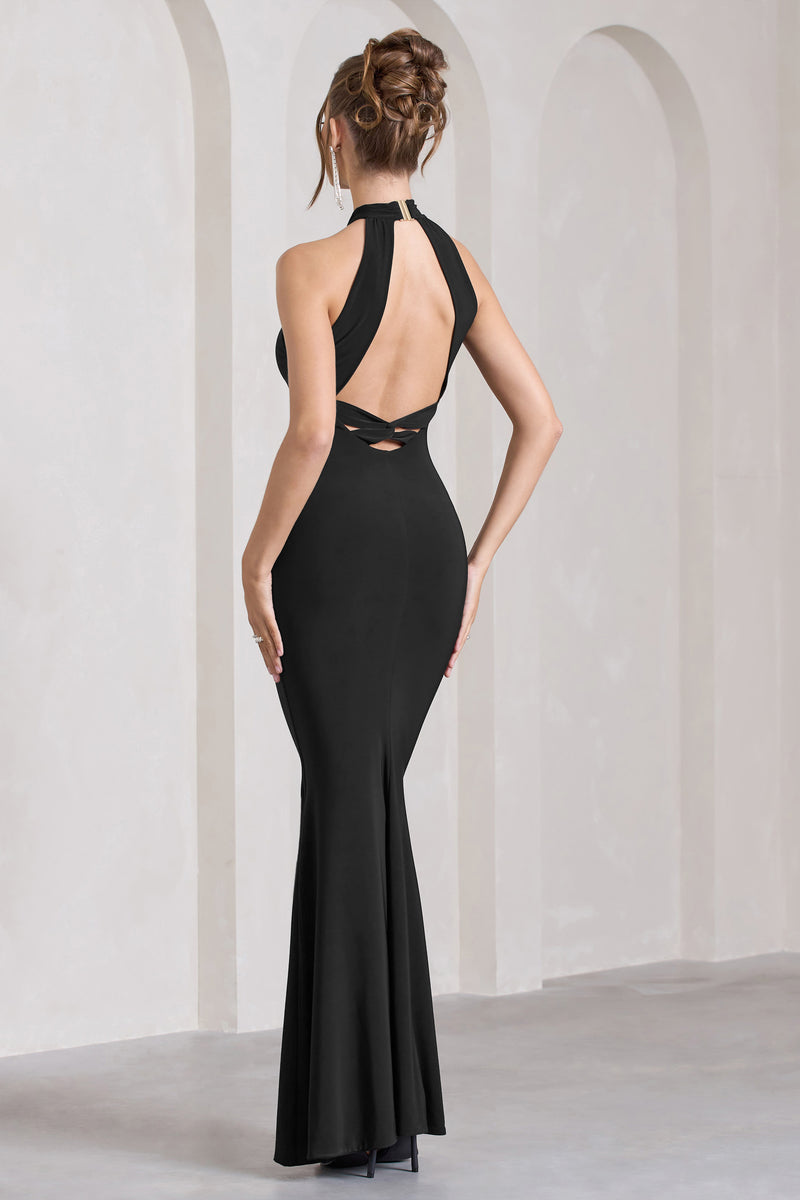 Malika Black Sleeveless Halter-Neck Maxi Dress – Club L London - UK