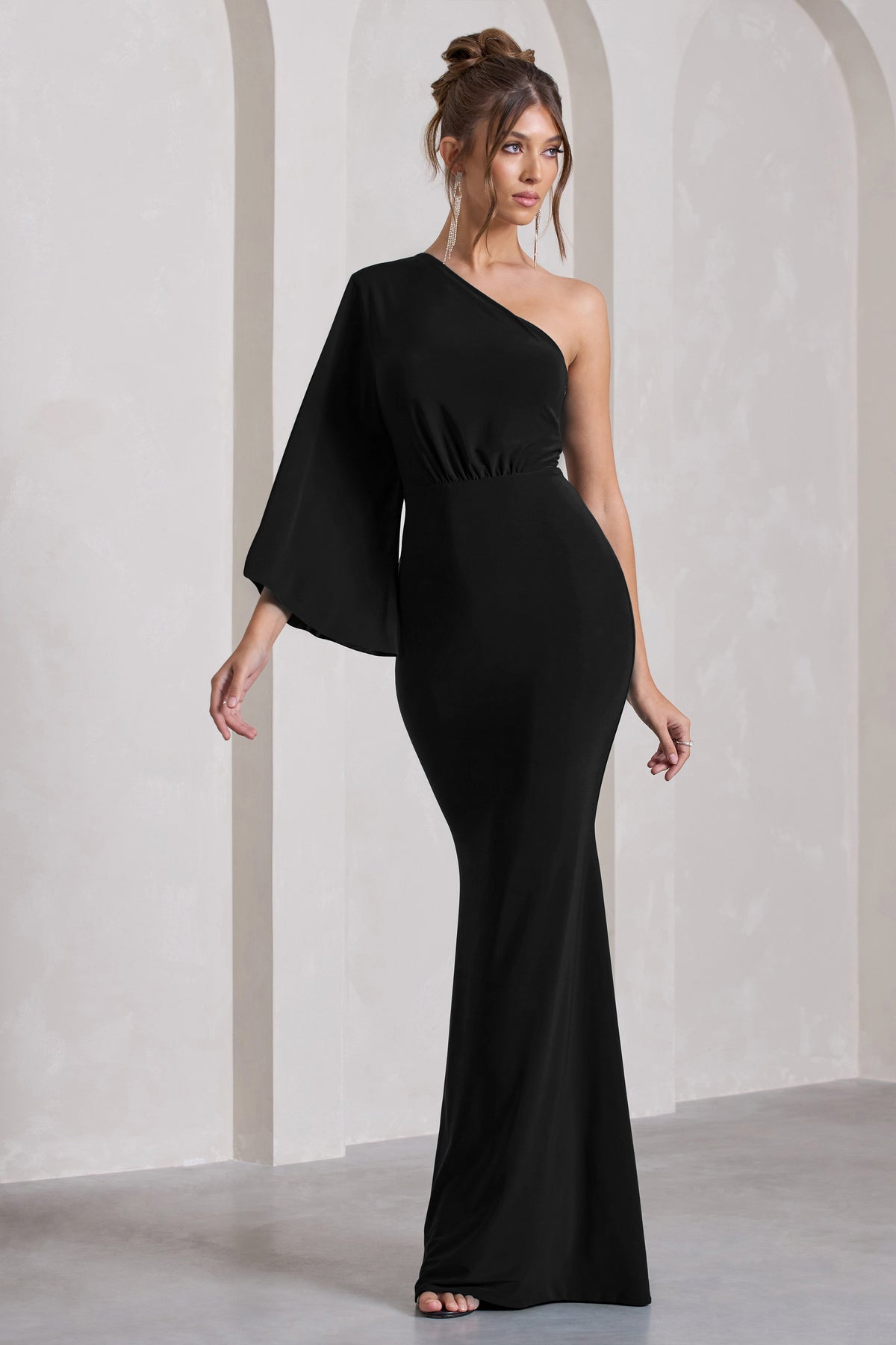 Luciana Black One Shoulder Drape Sleeve Maxi Dress – Club L London - UK