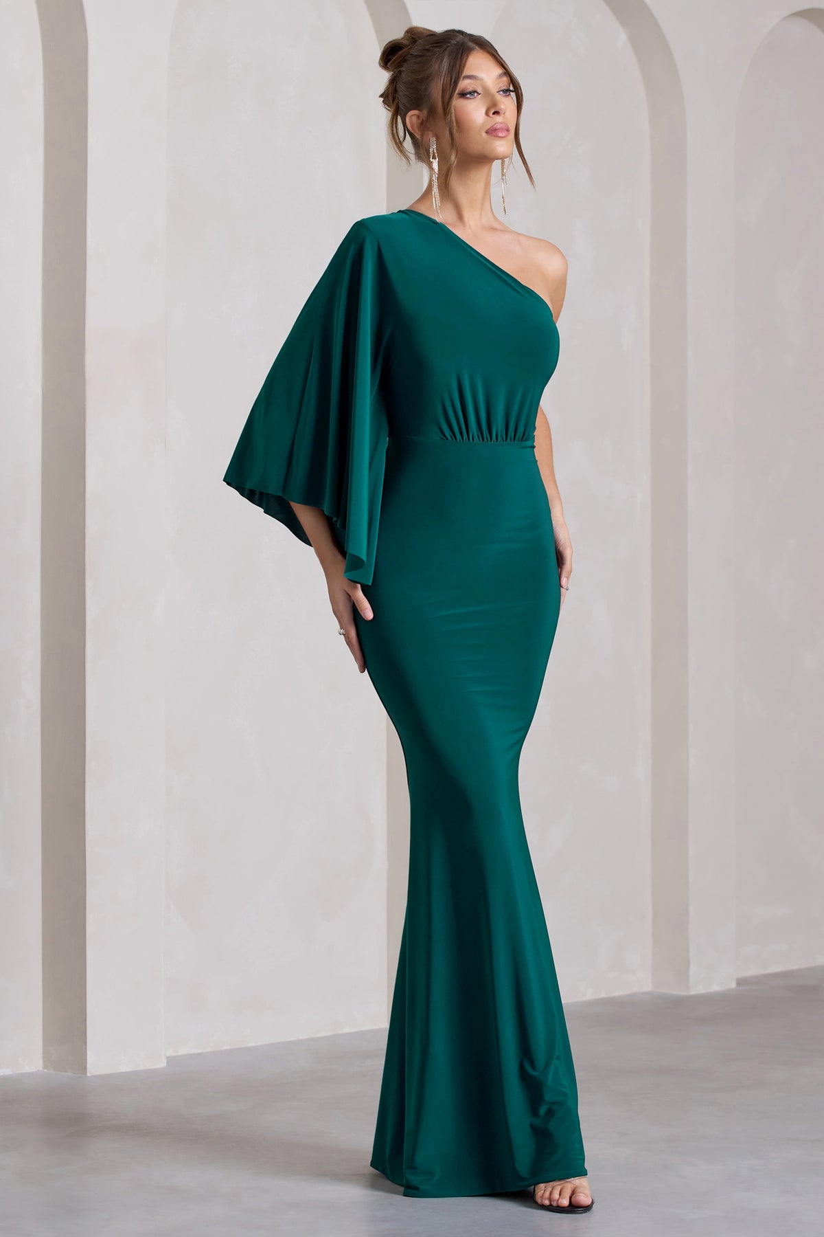 Luciana Bottle Green One Shoulder Drape Sleeve Maxi Dress – Club L ...