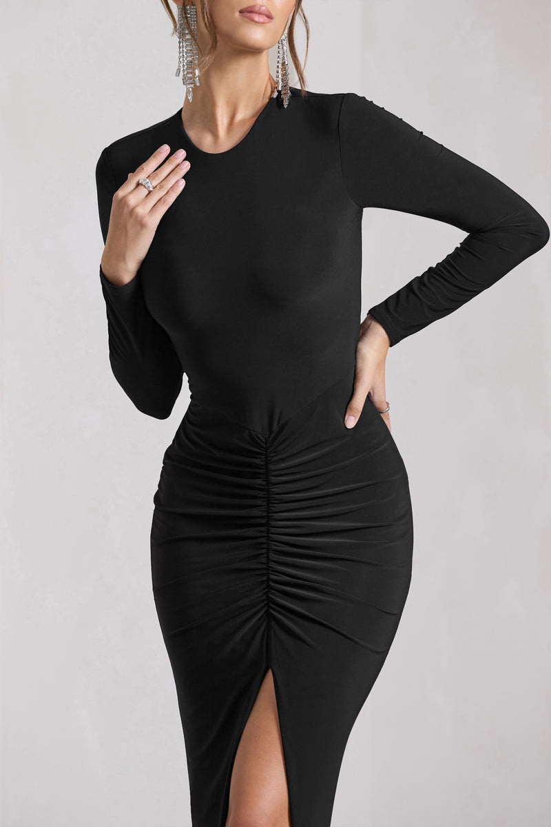 Katy Black Ruched Long-Sleeve Split Maxi Dress – Club L London - UK