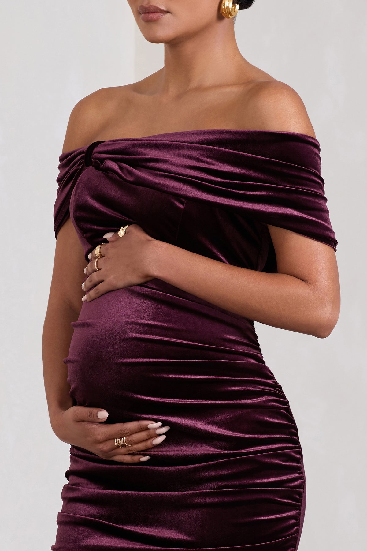 Boohoo Maternity wine (purple red) velvet, off shoulder dress uk 14 size