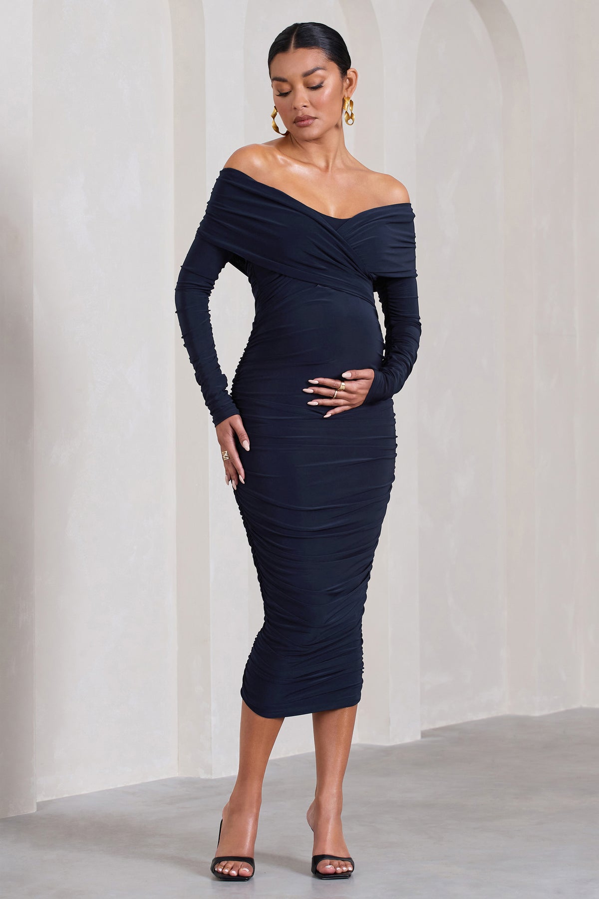 Davina Navy Ruched Twist Bardot Long-Sleeve Maternity Midi Dress – Club ...