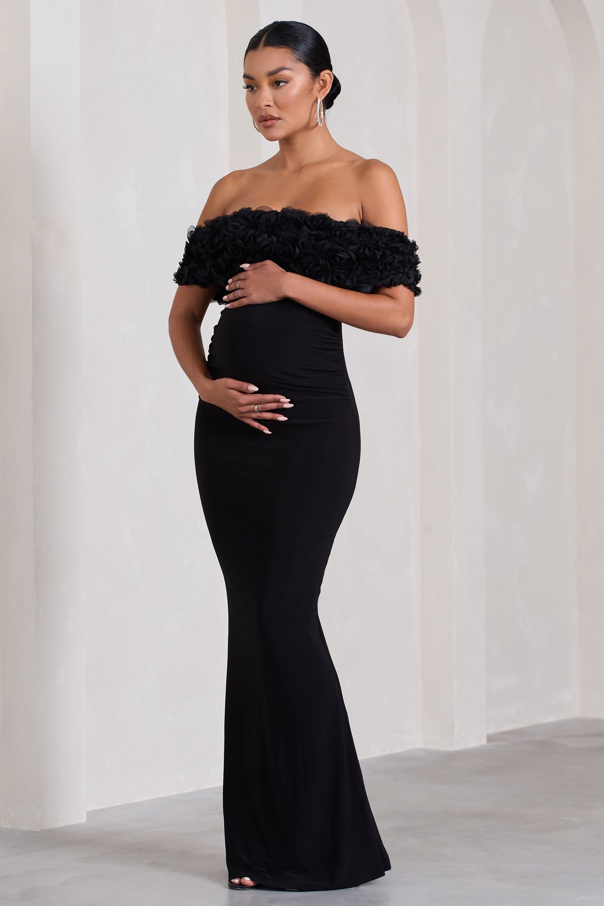 Inflorescence Black Mesh Floral Bardot Maternity Maxi Dress – Club L