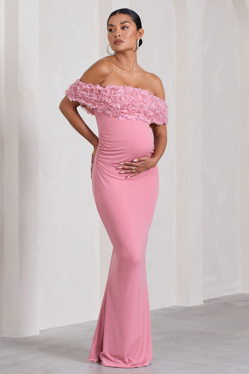 Inflorescence Blush Pink Mesh Floral Bardot Maternity Maxi Dress – Club ...