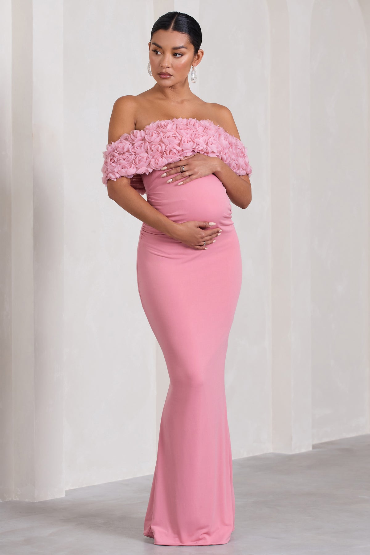 Juliette | Blush Pink Bardot-Neck Maternity Maxi Dress With Drop-Waist