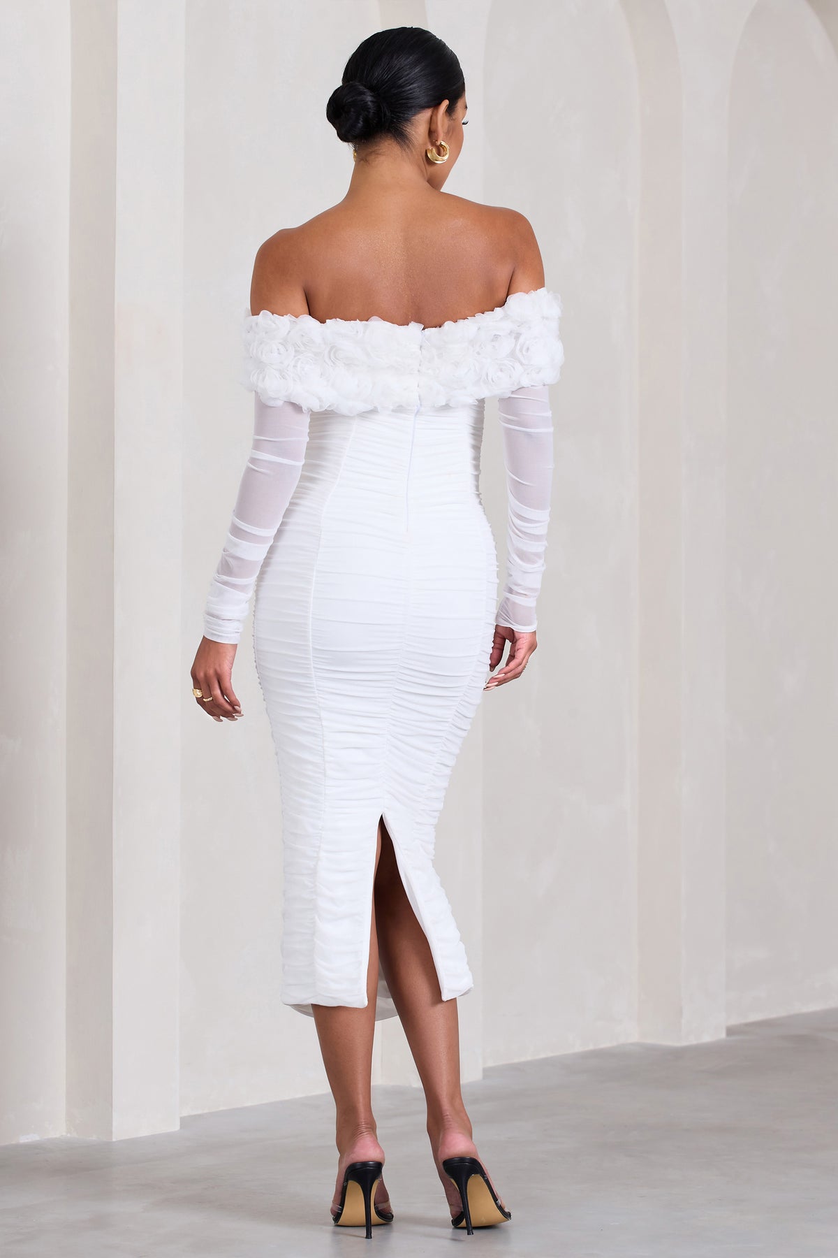 White mesh ruched discount bardot midi dress