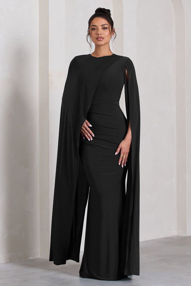 Magdelena Black Asymmetric Cape Maxi Dress – Club L London - UK