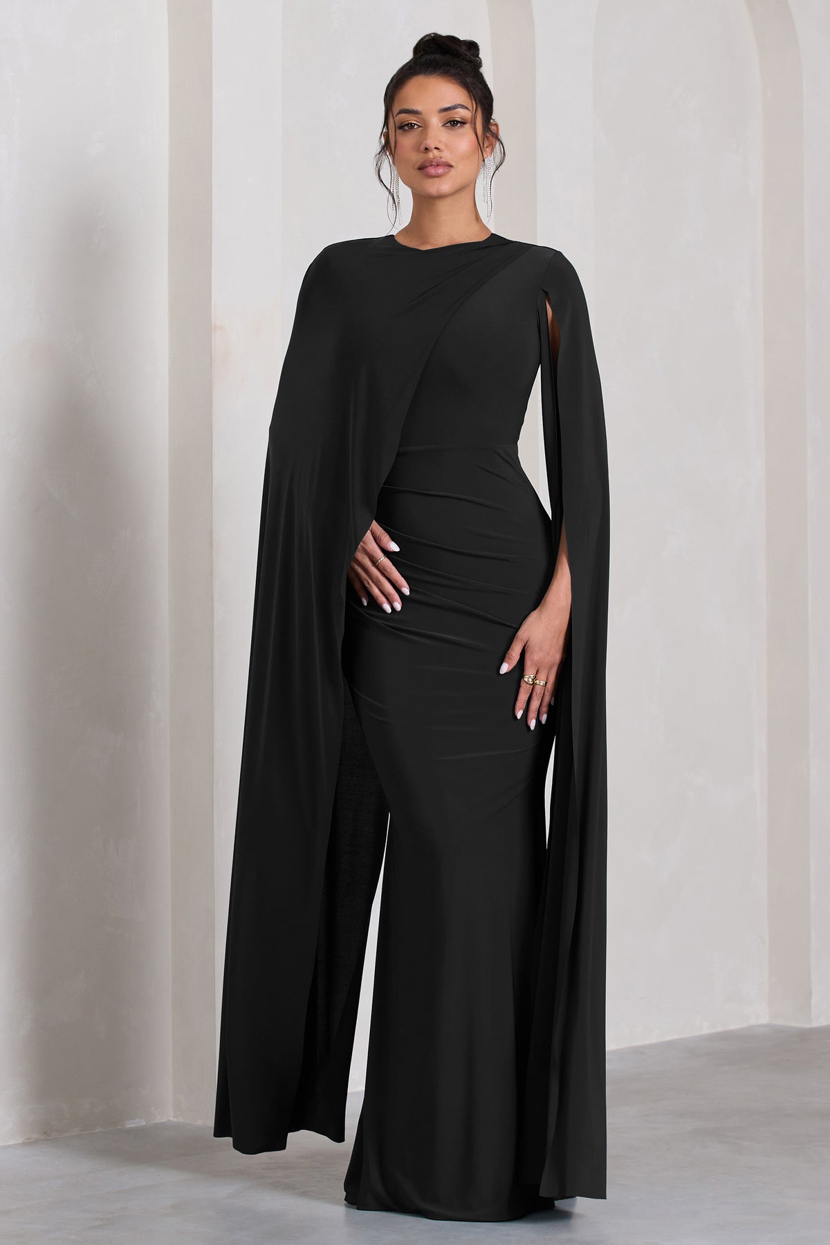 Magdelena Black Asymmetric Cape Maxi Dress – Club L London