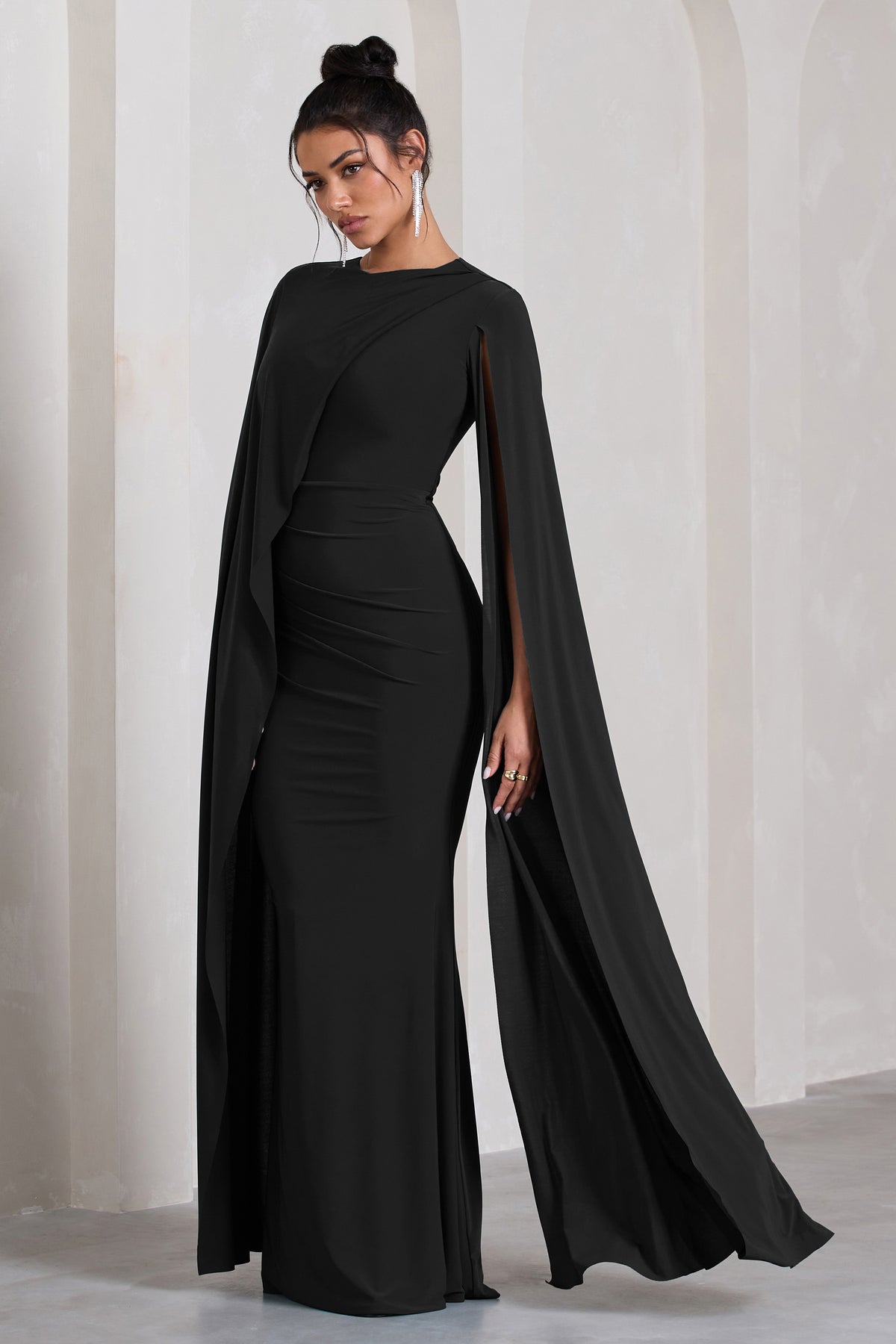 Magdelena Black Asymmetric Cape Maxi Dress – Club L London