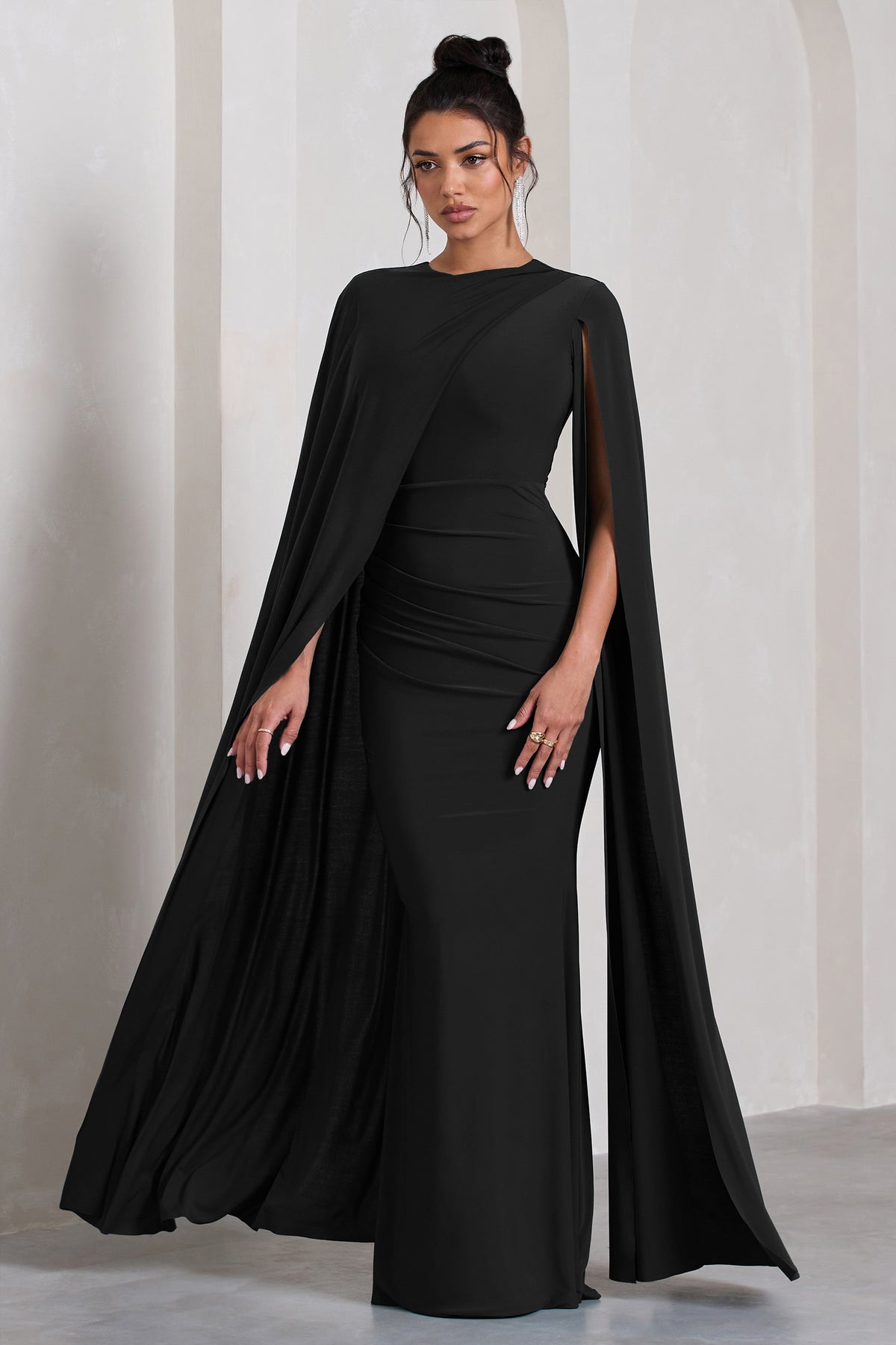 Magdelena Black Asymmetric Cape Maxi Dress – Club L London