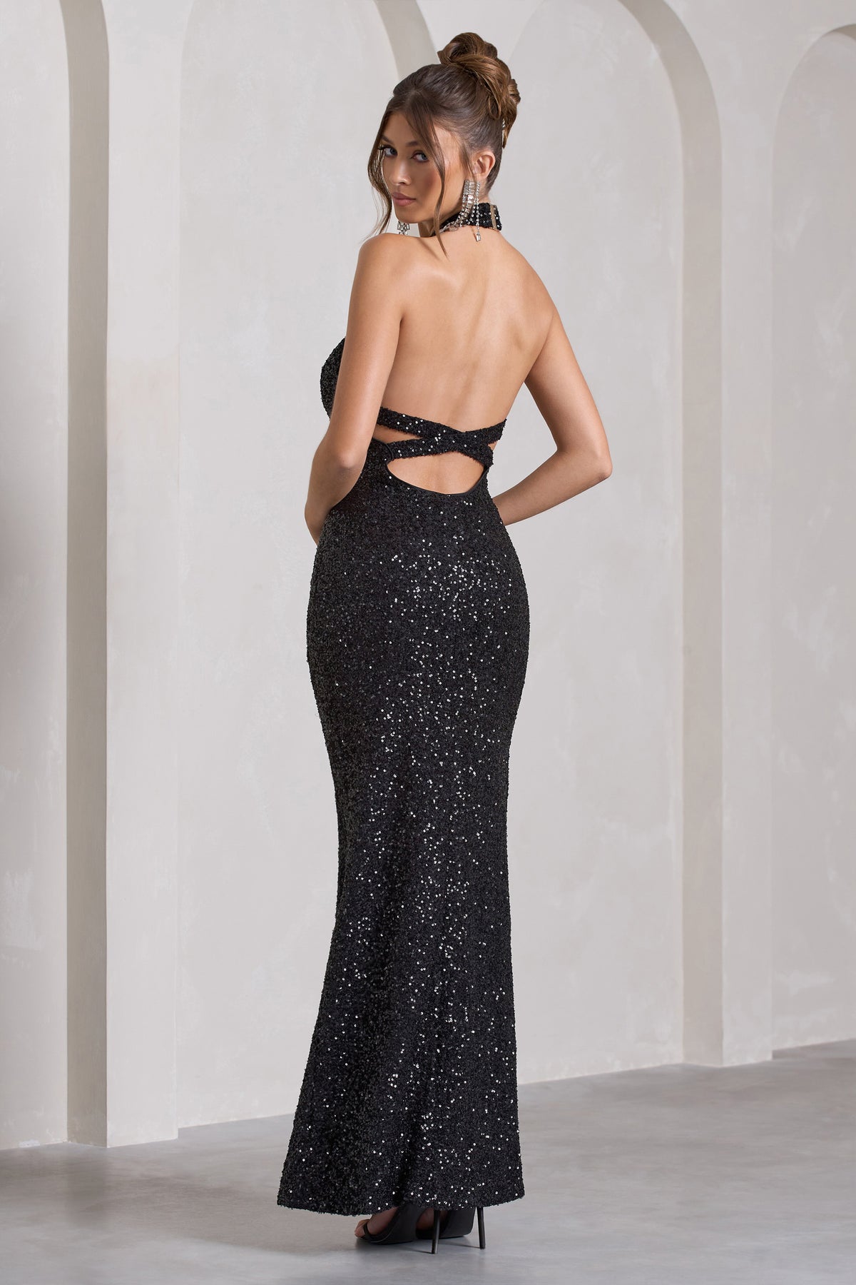 On The Rise Black Sequin High-Neck Strappy-Back Split Maxi Dress
