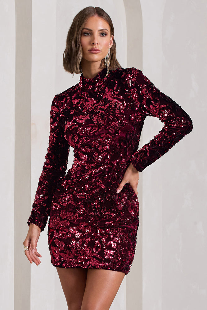 My Light Berry Sequin High-Neck Long-Sleeve Bodycon Mini Dress – Club L ...