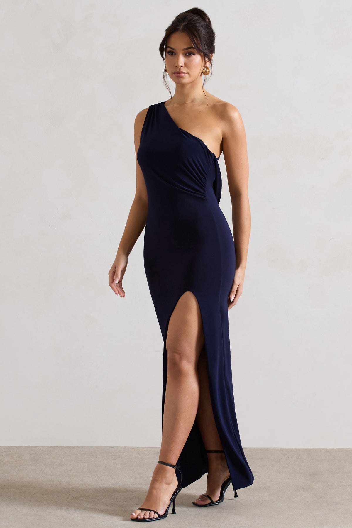 Melody Navy One Shoulder Cowl-Back Split Maxi Dress – Club L London - UK