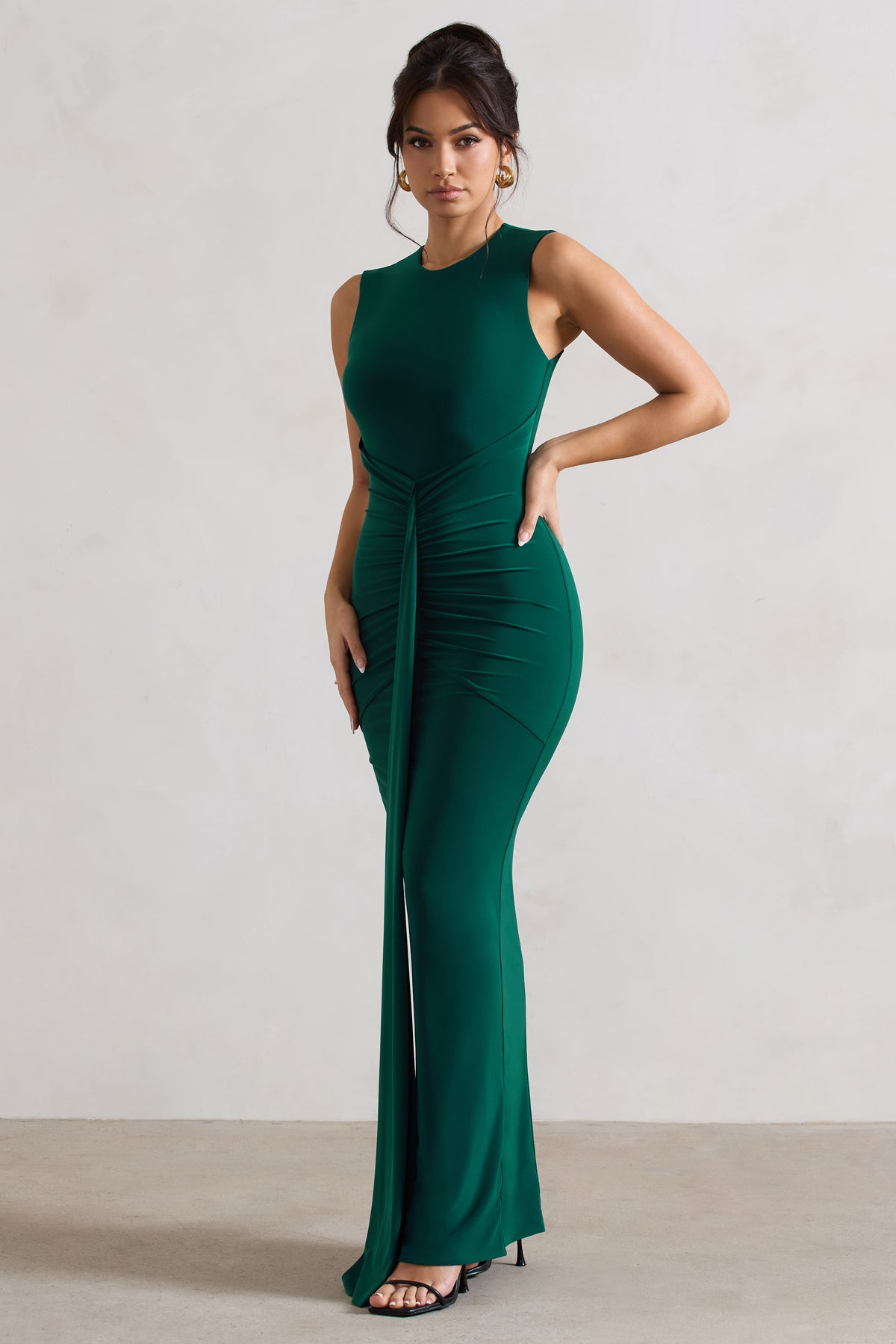 Alexa Bottle Green High-Neck Gathered Maxi Dress With Drape – Club L ...