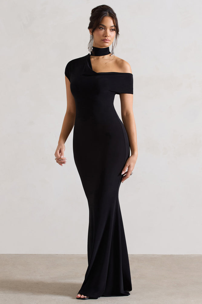 Margaux | Black One-Shoulder Maxi Dress With Halter-Collar