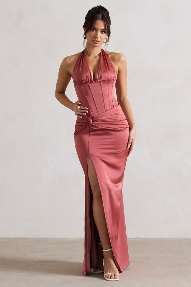 Sacha Rose Pink Satin Corset Style Maxi Dress With Wrap Skirt – Club L ...