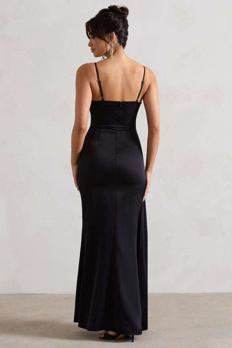 Soraya Black Satin V-Neck Split Maxi Dress With Drape – Club L London - UK