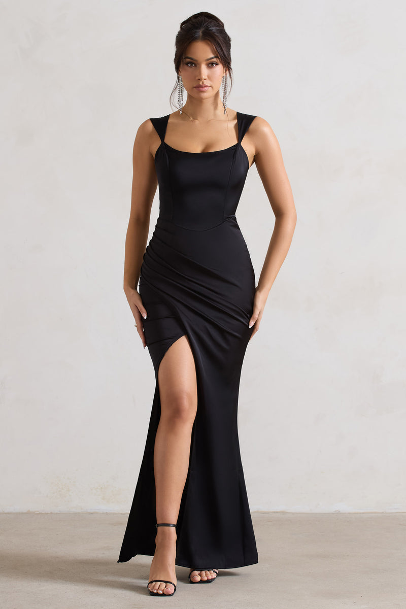 A Romantic Black Satin Corset Wrap Maxi Dress – Club L London - UK