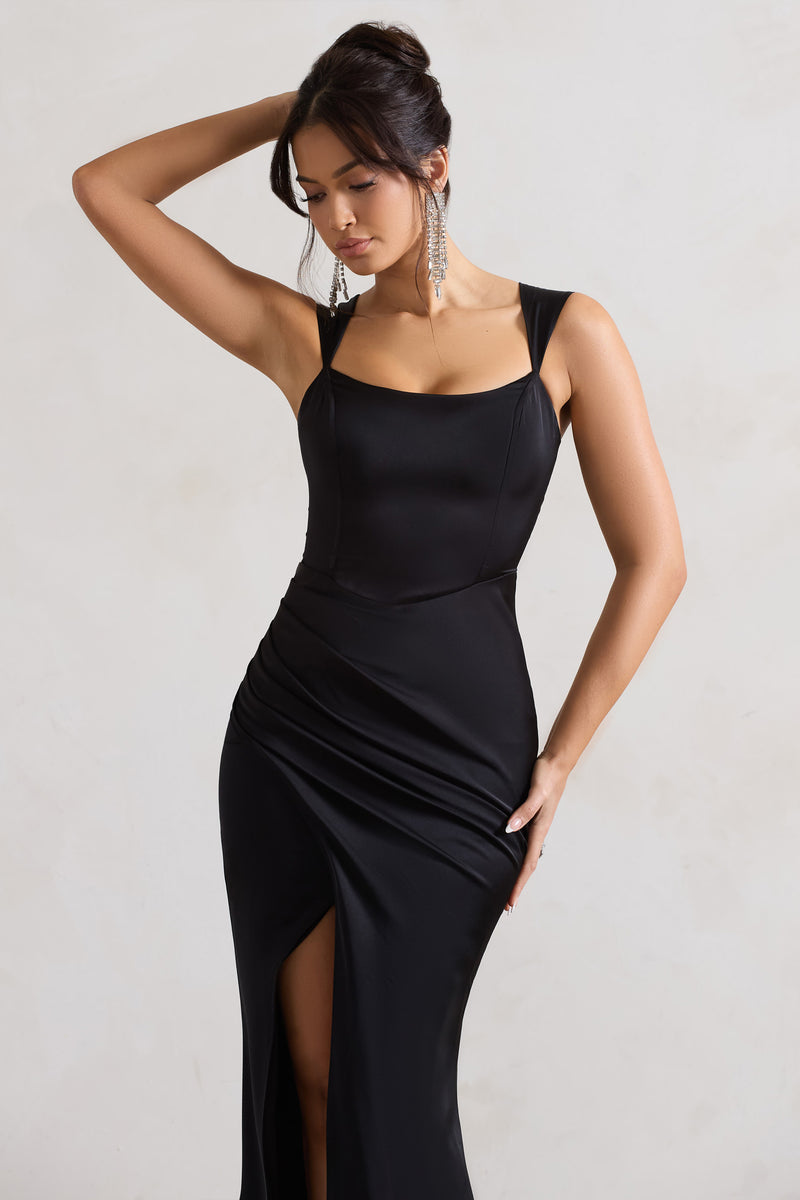 A Romantic Black Satin Corset Wrap Maxi Dress – Club L London - UK