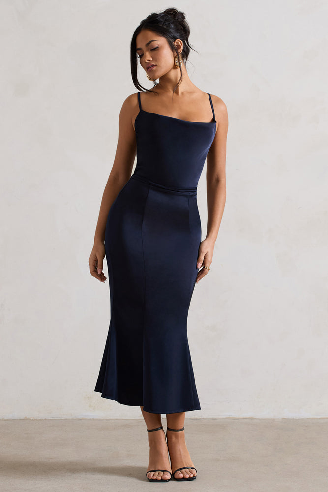 Just A Moment Navy Satin Cowl Neck Midi Dress With Tie Waist