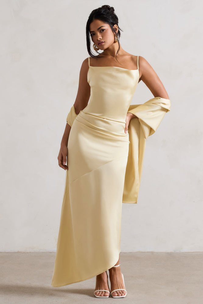 Santi Lemon Satin Cowl-Neck Asymmetric Maxi Dress
