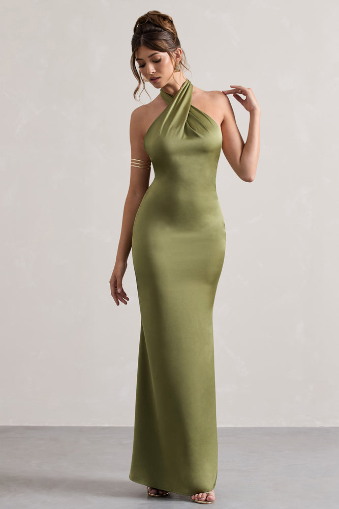 Unbeatable Olive Satin Cross Over Halter-Neck Maxi Dress