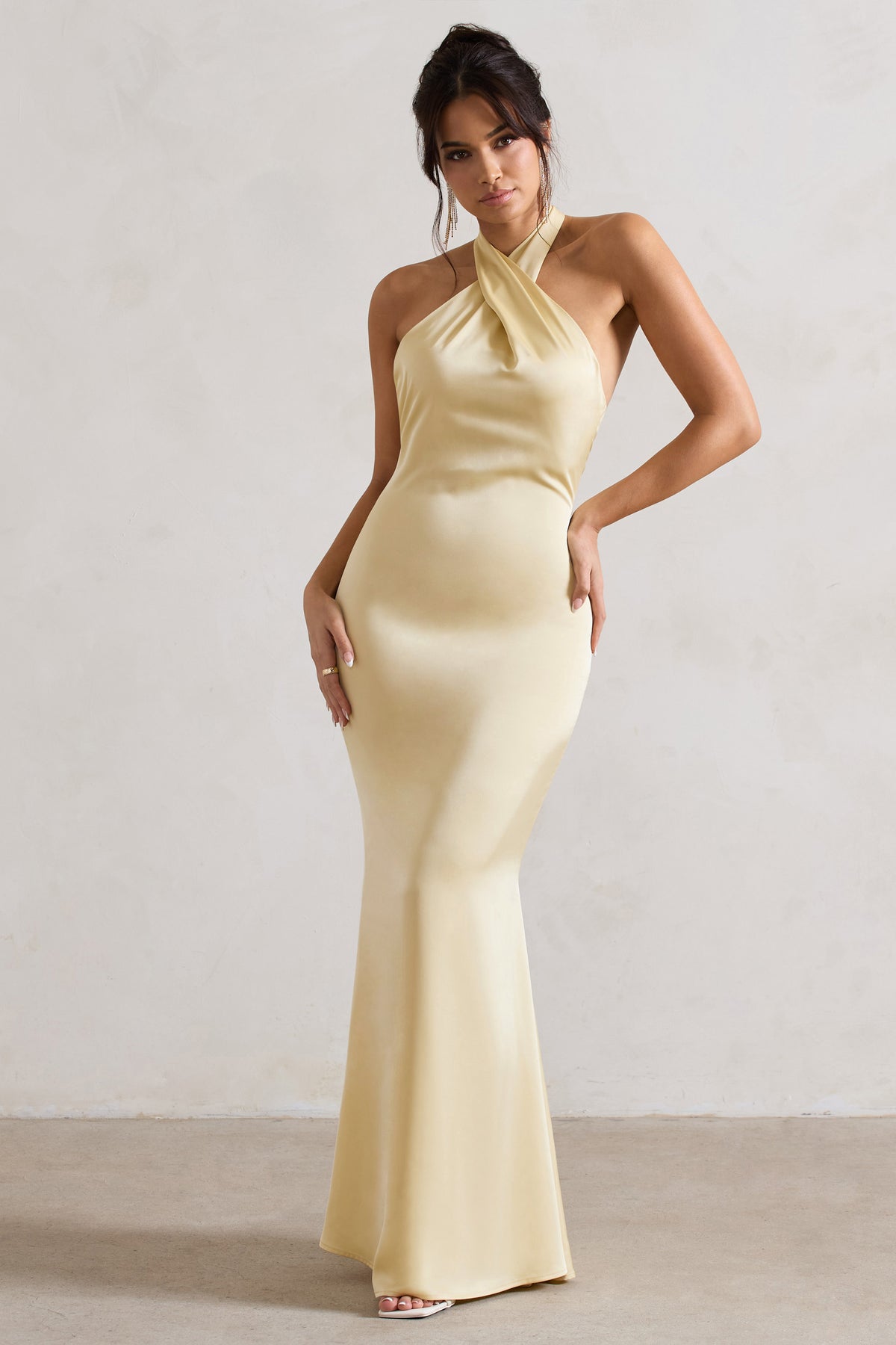 Unbeatable Lemon Satin Cross Over Halter-Neck Maxi Dress – Club