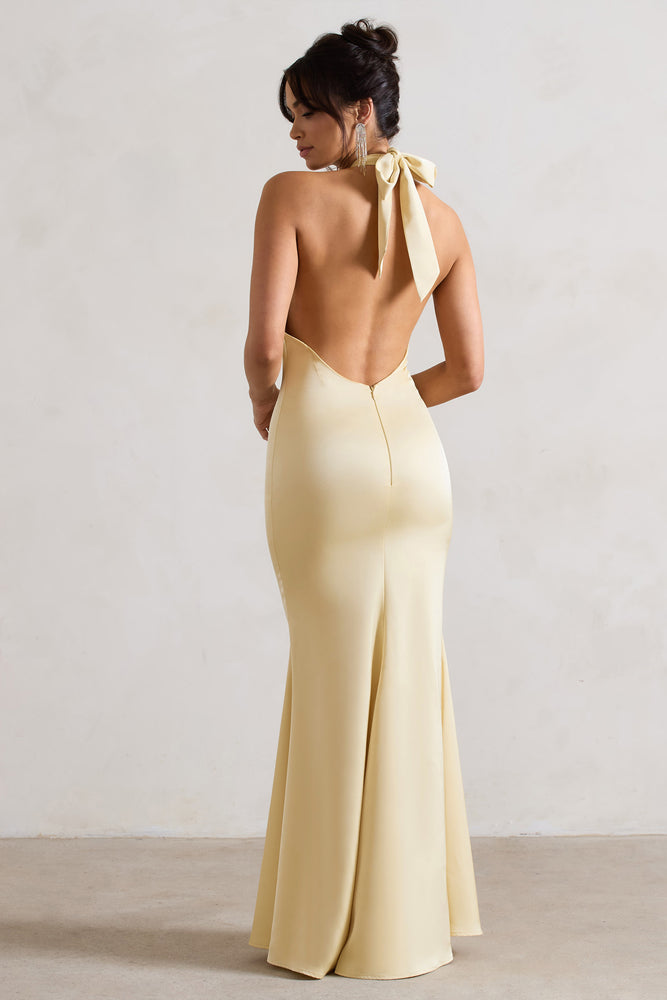 Unbeatable Lemon Satin Cross Over Halter-Neck Maxi Dress