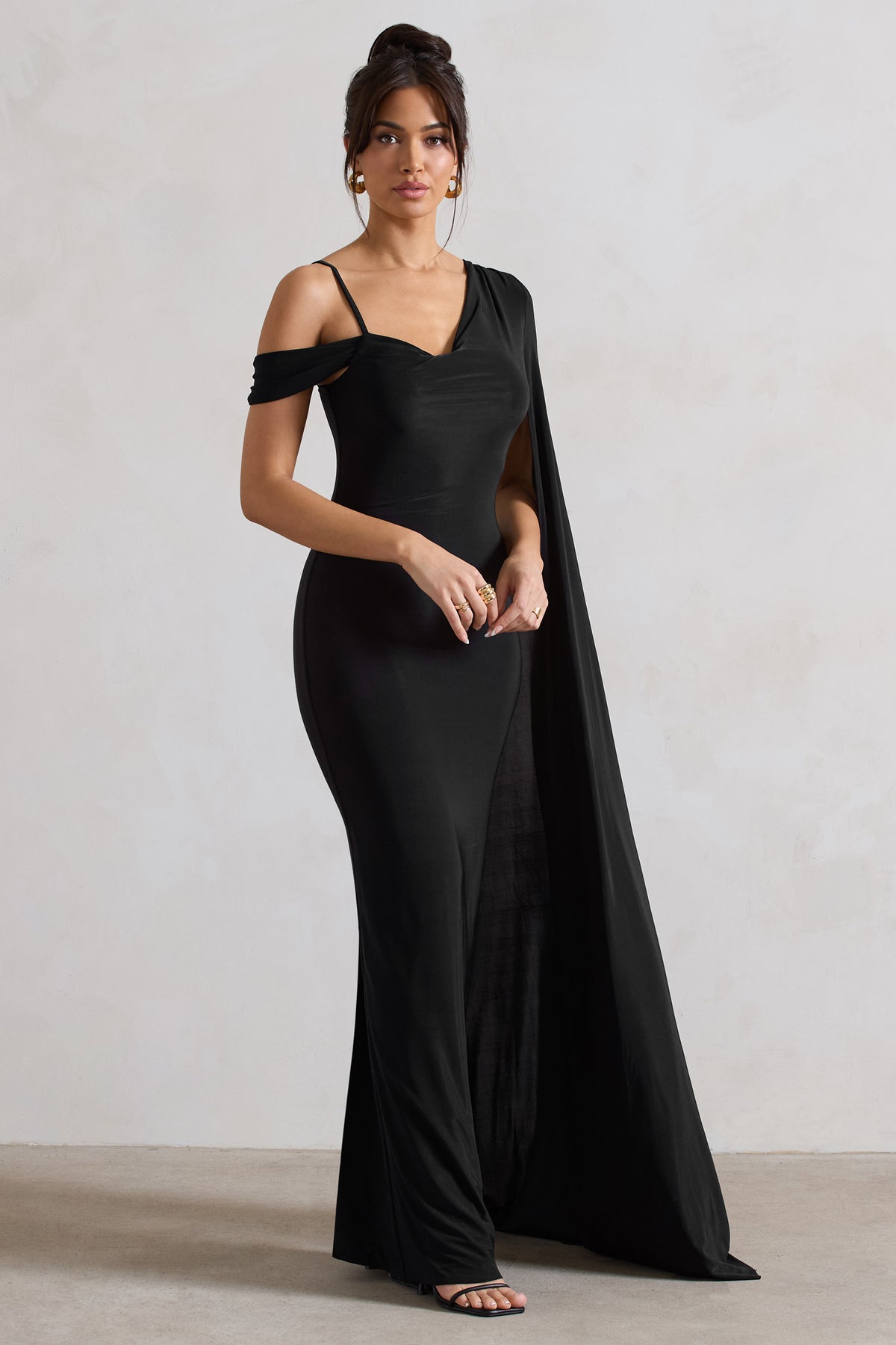 Pedra Black One Shoulder Cape Sleeve Draped Maxi Dress – Club L London - UK