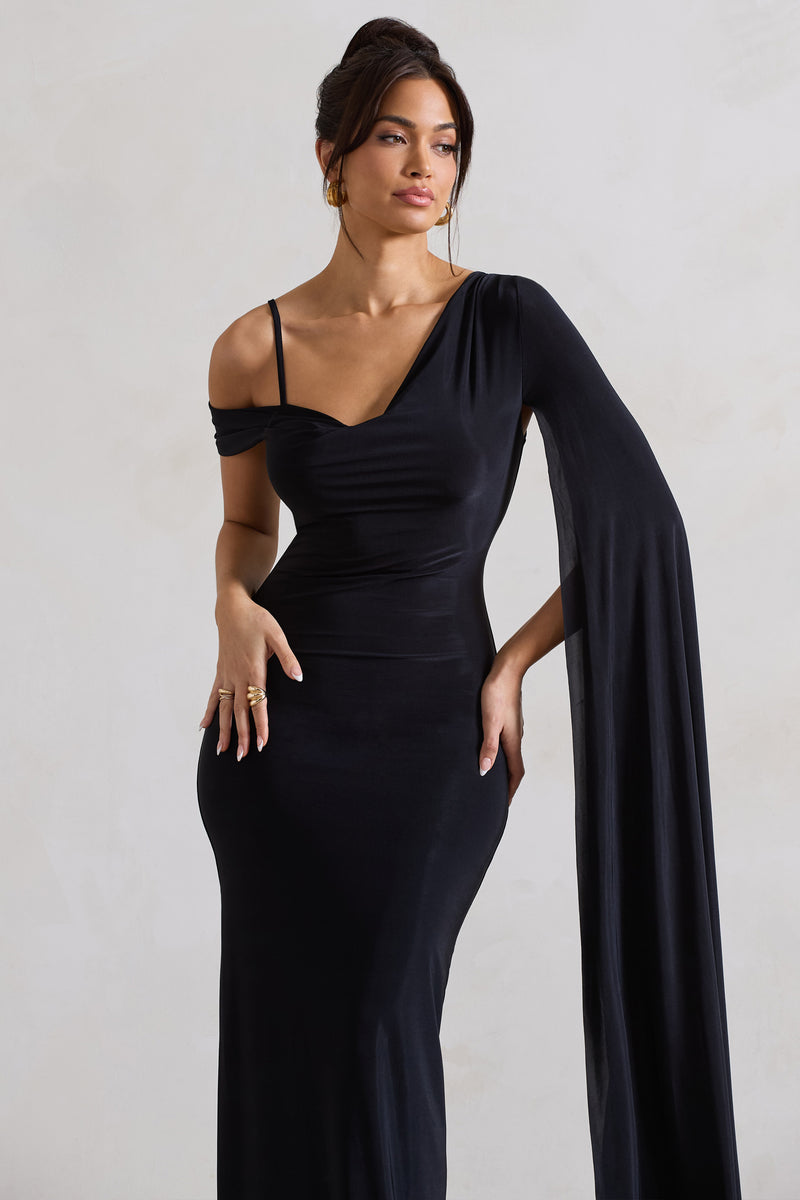 Pedra Black One Shoulder Cape Sleeve Draped Maxi Dress – Club L London - UK